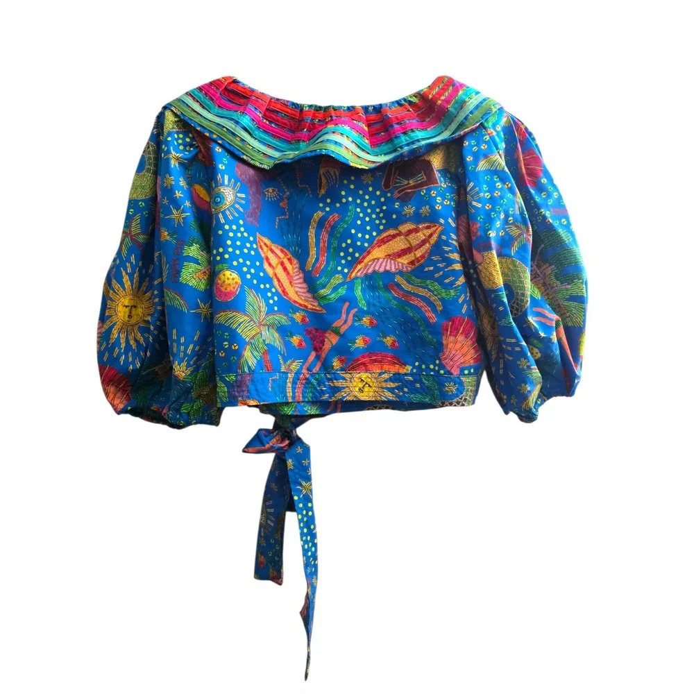 Farm Rio Blue Ocean Stories Wrap Vibrant Tropical Print Puff Sleeve Crop Top